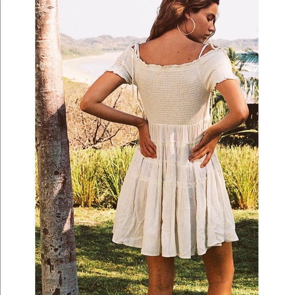 NEW NWT Free People Happy With You Mini Dress Tiered Smocked Ivory Summer Dress - Picture 2 of 15